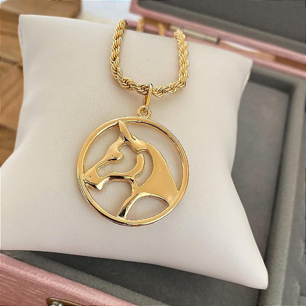 Colar Feminino Rosto de Cavalo no Círculo com Cordão Baiano