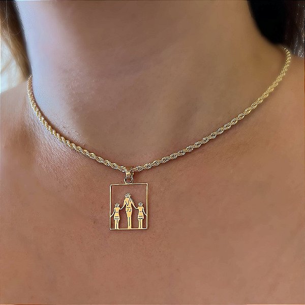 Colar Feminino Mãe com Filhas Country com Cordão Baiano