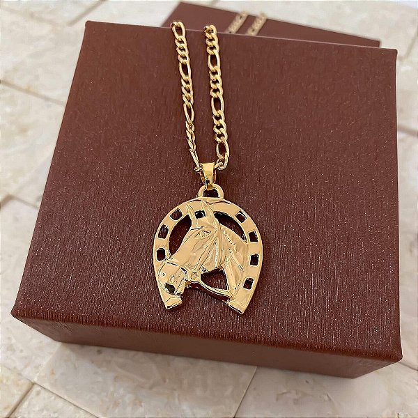 Colar Masculino Cavalo e Ferradura com Cordão 3x1