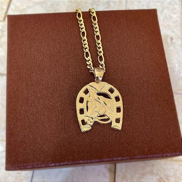 Colar Masculino Cavalo na Ferradura Rústico com Cordão 3x1