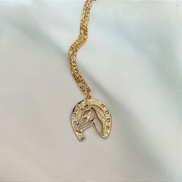 Colar Masculino Cavalo na Ferradura Vazado com Cordão 3x1