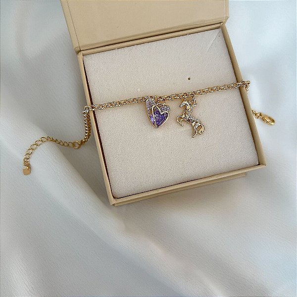 Pulseira Feminina Cavalo com Pedra em Formato de Coração