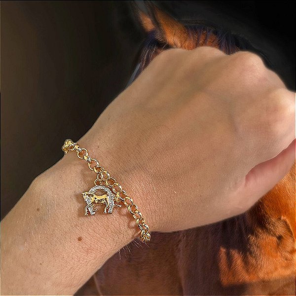 Pulseira Feminina Cavalo e Ferradura no Elo Português