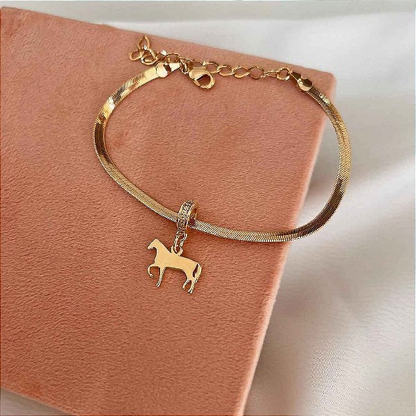 Pulseira Feminina com Fita e Berloque de Cavalo
