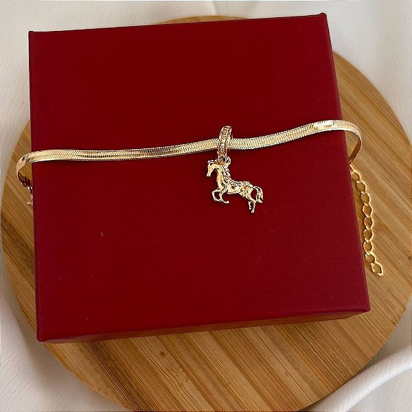 Pulseira Feminina com Fita e Berloque de Cavalo com Zircônia