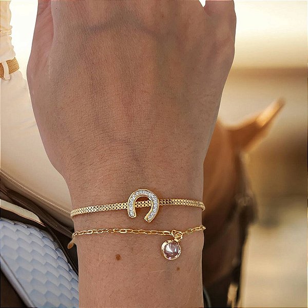 Pulseira Feminina Dupla com Ferradura Banhada a Ouro 18K