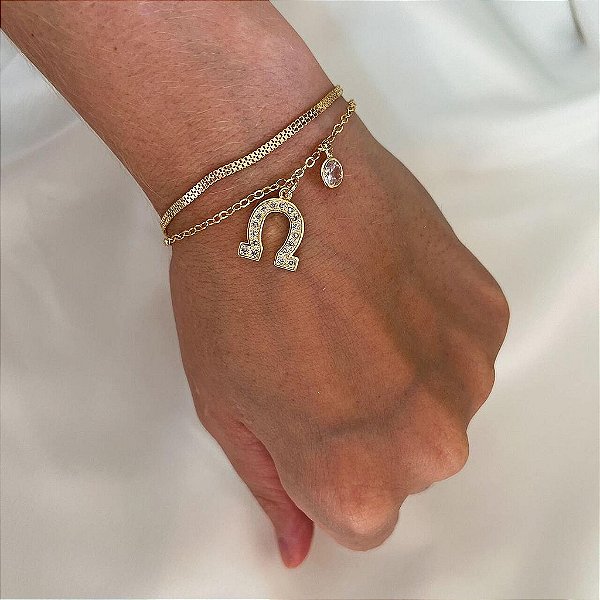 Pulseira Feminina Dupla com Ferradura Cravejada e Coração
