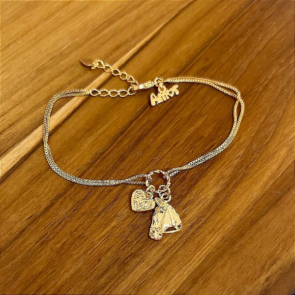 Pulseira Feminina Horse Rosto Coração Banhado a Ouro 18k