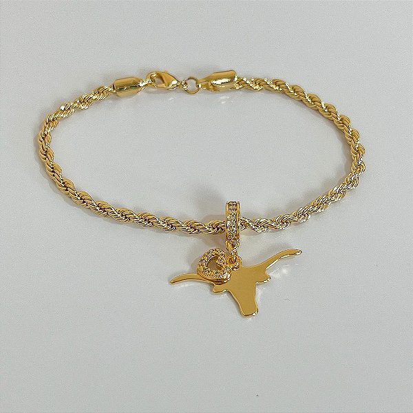 Pulseira Feminina Berloque Touro com coraçãozinho no Cordão Baiano Banhado a Ouro 18k