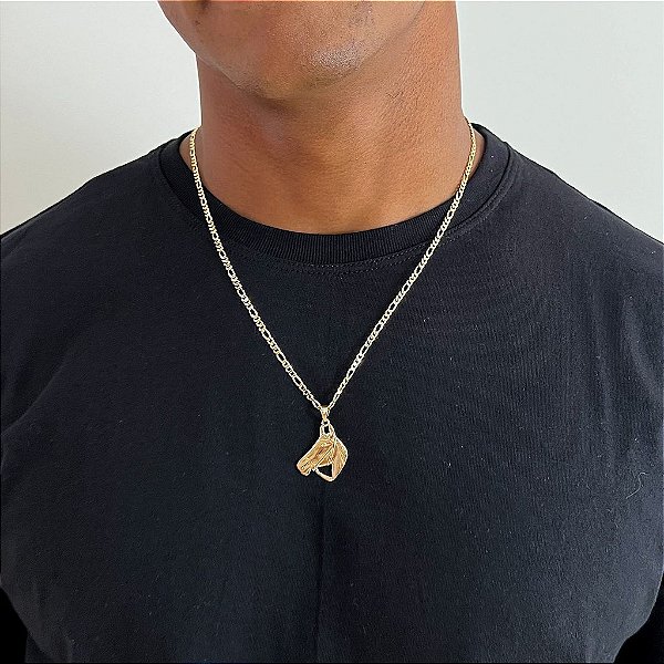 Colar Masculino Rosto Horse Cordão 3x1 Banhado a Ouro 18K