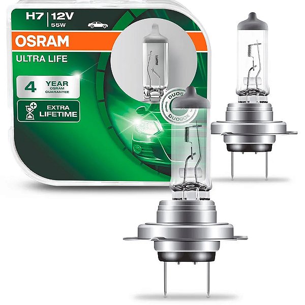 Lampada Farol Osram H7 Ultra Life 55w 12v 3200k 60%+ luz Par