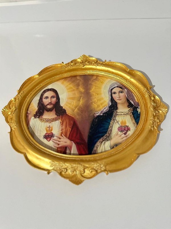 Quadros Sagrados Corações em Tom Ouro Rico | 35x30 cm
