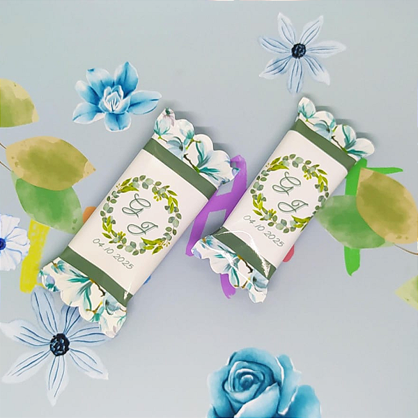 Kit 50  Balas Mastigáveis Com Rótulo Personalizado Casamento Floral - Azul