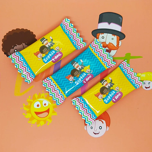 Kit 100  Balas Mastigáveis Com Rótulo Personalizado Aniversário -  Mundo Bita