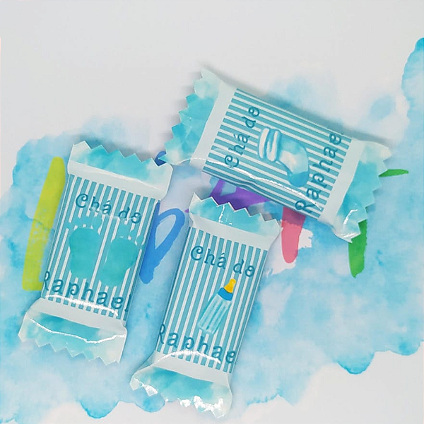 Kit 100 Balas Mastigáveis Com Rótulo Personalizado - Chá de Bebê Azul