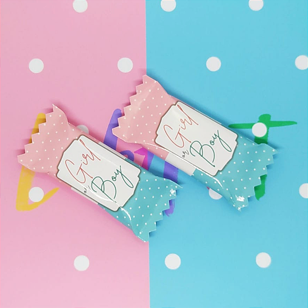 Kit 50 Balas Mastigáveis Com Rótulo Personalizado - Chá Revelação Rosa e Azul