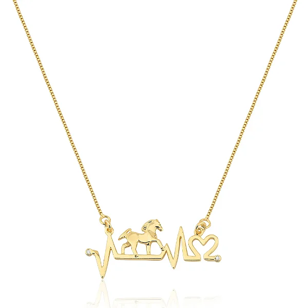 Gargantilha Feminina Batimentos Cardíacos com Cavalo Inteiro Banhada a Ouro 18K