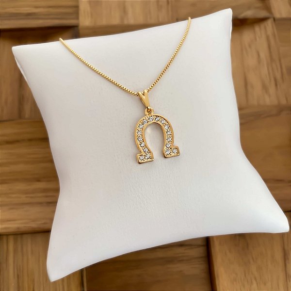 Colar Feminino Ferradura Cravejada com Zircônia Banhado a Ouro 18K