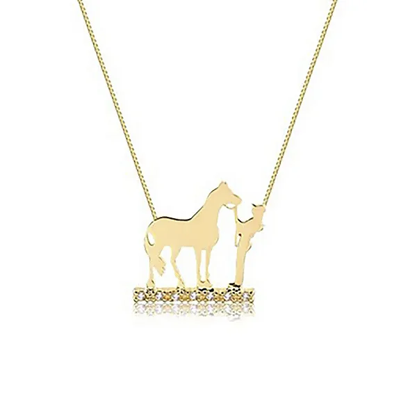 Gargantilha Feminina Mulher com Cavalo e Detalhes em Zircônia Banhada a Ouro 18K