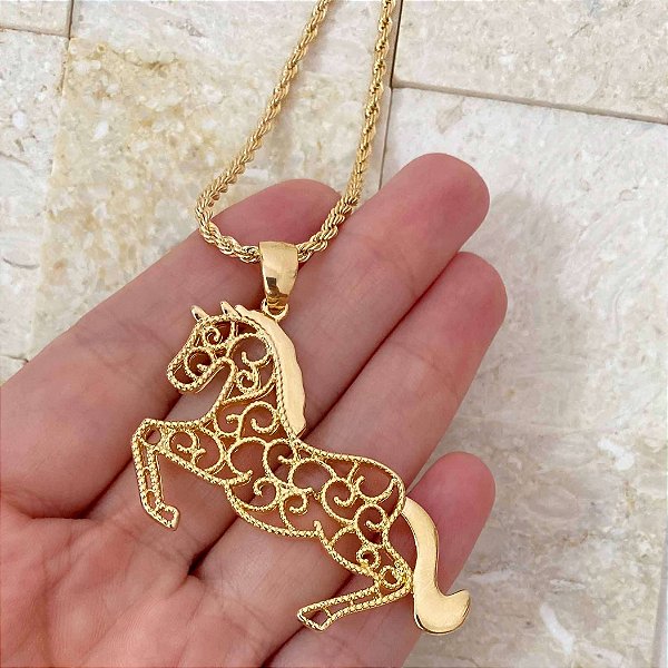 Colar Feminino Cavalo Bruto com Cordão Baiano Banhado a Ouro 18K