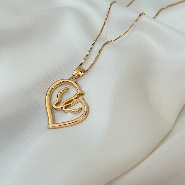 Colar Feminino Dois Cavalos Formando um Coração Banhado a Ouro 18K