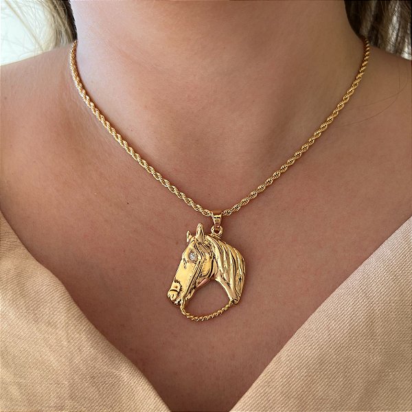 Colar Feminino Cavalo com Rédea no Cordão Baiano Banhado a Ouro 18K
