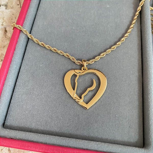 Colar Feminino Coração com Rosto de Cavalo no Cordão Baiano Banhado a Ouro 18K