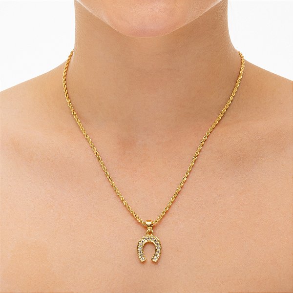 Colar Feminino Ferradura Cravejada com Cordão Baiano Banhado a Ouro 18K