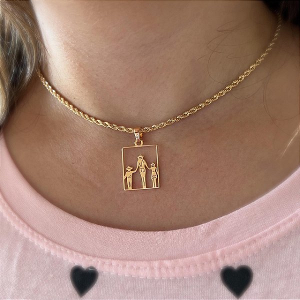 Colar Feminino Mãe com Dois Filhos Country com Cordão Baiano Banhado a Ouro 18K