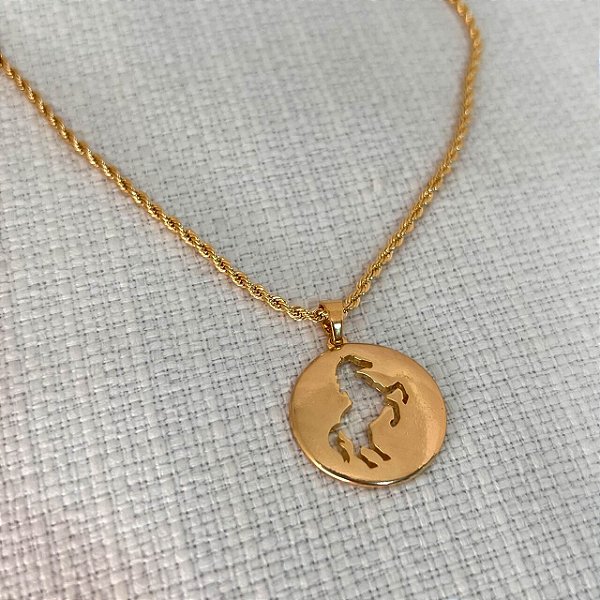 Colar Feminino Medalha Redonda com Cavalo e Cordão Baiano Banhado a Ouro 18K