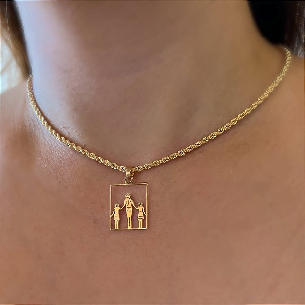 Colar Feminino Mãe com Filhas Country com Cordão Baiano Banhado a Ouro 18K