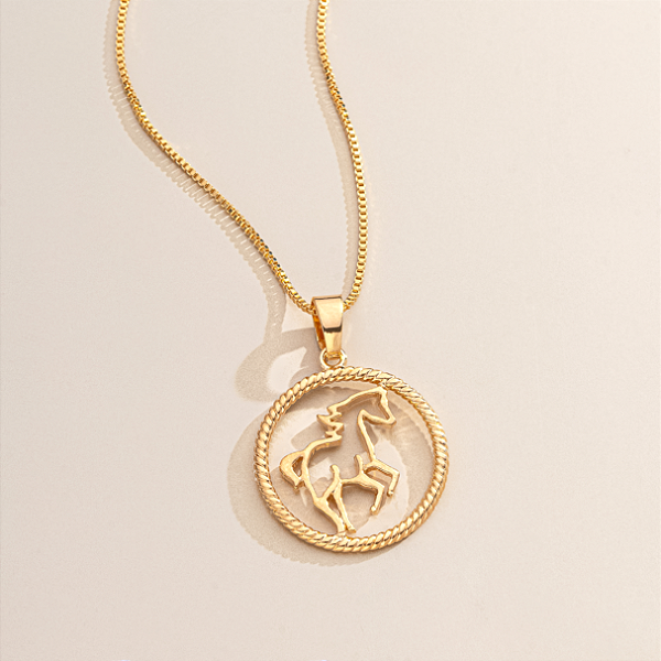 Colar Feminino Cavalo no Círculo Delicado Banhado a Ouro 18K