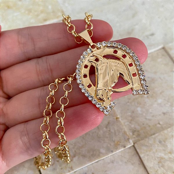 Colar Feminino Cavalo e Ferradura Brilho com Cordão Elo Português Banhado a Ouro 18K