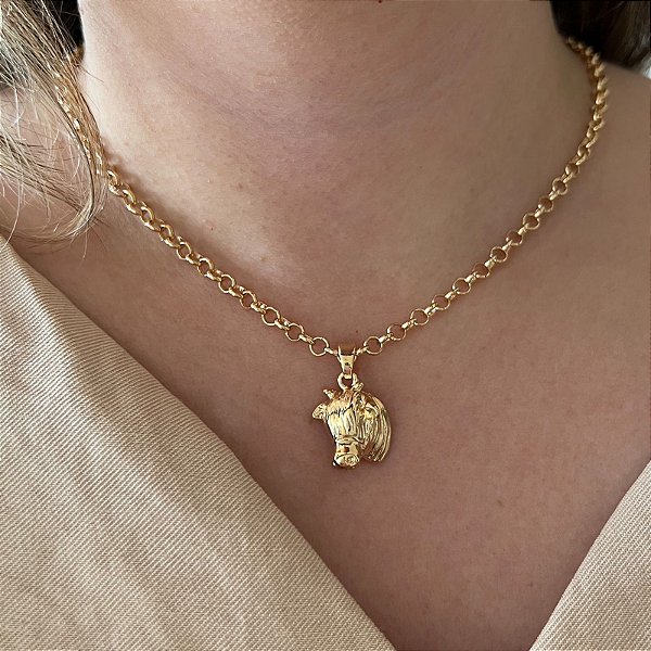 Colar Feminino Boi com Cordão Elo Português Banhado a Ouro 18K