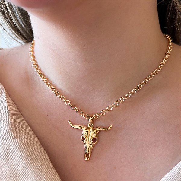 Colar Feminino Touro com Cordão Elo Português Banhado a Ouro 18K