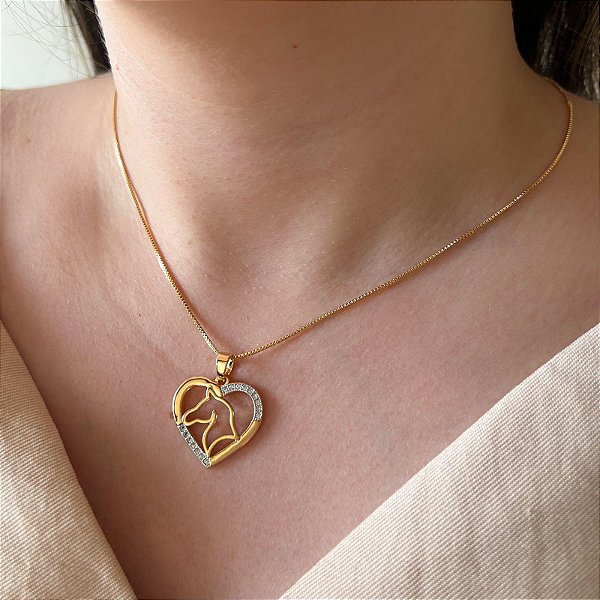 Colar Feminino Cavalo com Coração Paixão Banhado a Ouro 18K