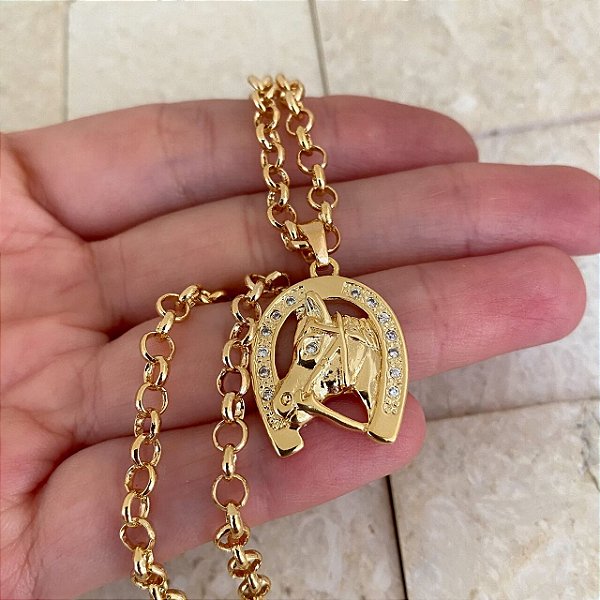 Colar Feminino Cavalo e Ferradura com Cordão Elo Português Banhado a Ouro 18K
