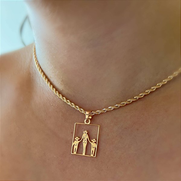 Colar Feminino Mãe com Filhos Country com Cordão Baiano Banhado a Ouro 18K
