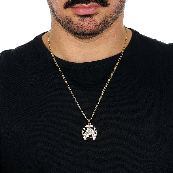 Colar Masculino Cavalo e Ferradura com Cordão 3x1 Banhado a Ouro 18K