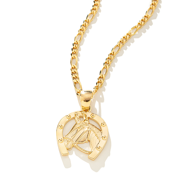 Colar Masculino Cavalo na Ferradura Equestre com Cordão 3x1 Banhado a Ouro 18K