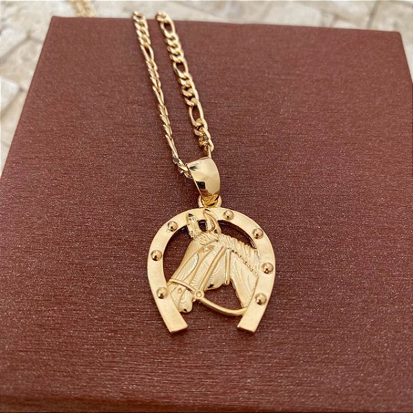Colar Masculino Cavalo na Ferradura Equestre com Cordão 3x1 Banhado a Ouro 18K