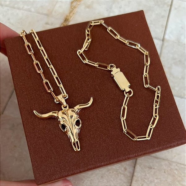 Conjunto Masculino Touro com Cordão Cartier Banhado a Ouro 18K