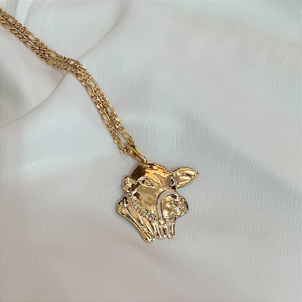 Colar Masculino Boi Nelore com Cordão 3x1 Banhado a Ouro 18K