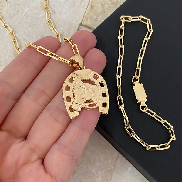 Conjunto Masculino Cavalo na Ferradura Rústico com Cordão Cartier Banhado a Ouro 18K