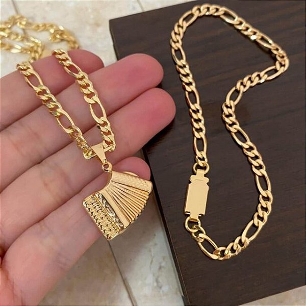 Conjunto Masculino Sanfona com Cordão 3x1 Banhado a Ouro 18K