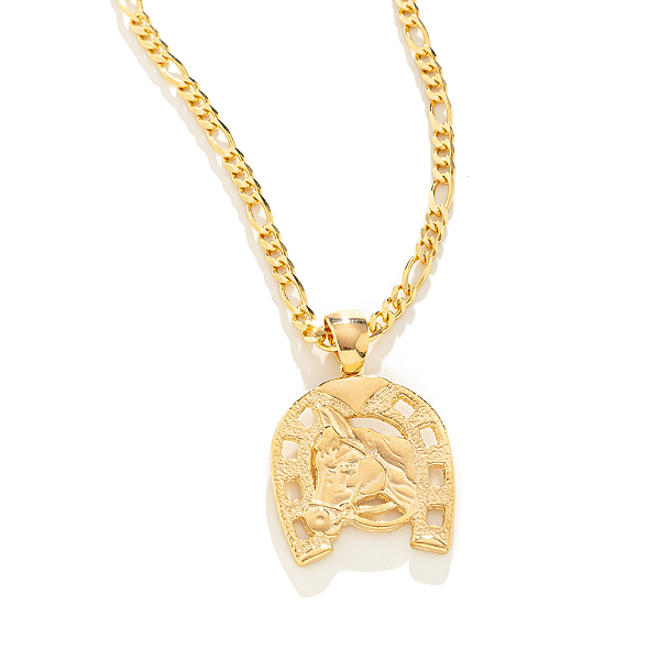 Colar Masculino Cavalo na Ferradura Rústico com Cordão 3x1 Banhado a Ouro 18K