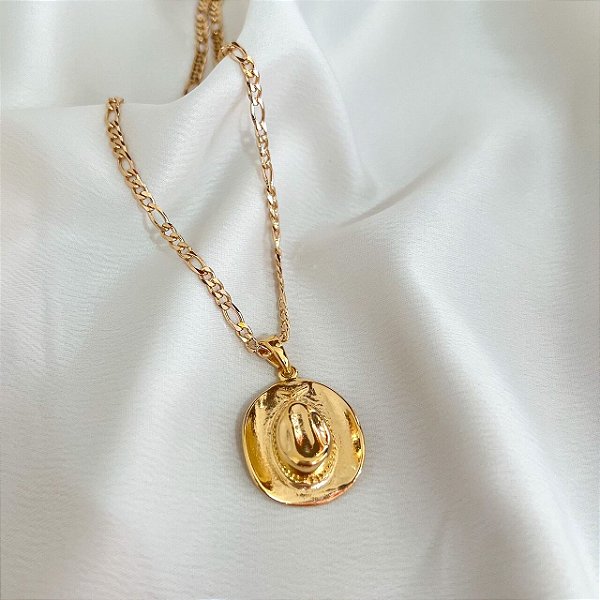 Colar Masculino Chapéu Country com Cordão 3x1 Banhado a Ouro 18K