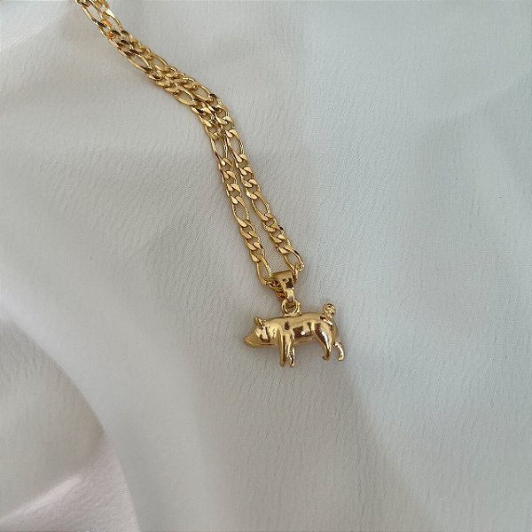 Colar Masculino Suíno com Cordão 3x1 Banhado a Ouro 18K