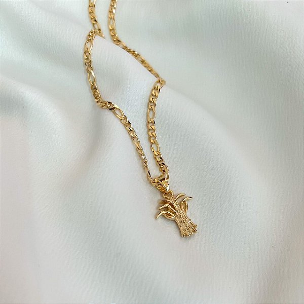 Colar Masculino Cana de Açúcar com Cordão 3x1 Banhado a Ouro 18K