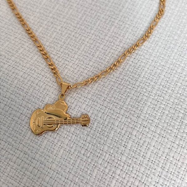 Colar Masculino Violão e Chapéu com Cordão 3x1 Banhado a Ouro 18K
